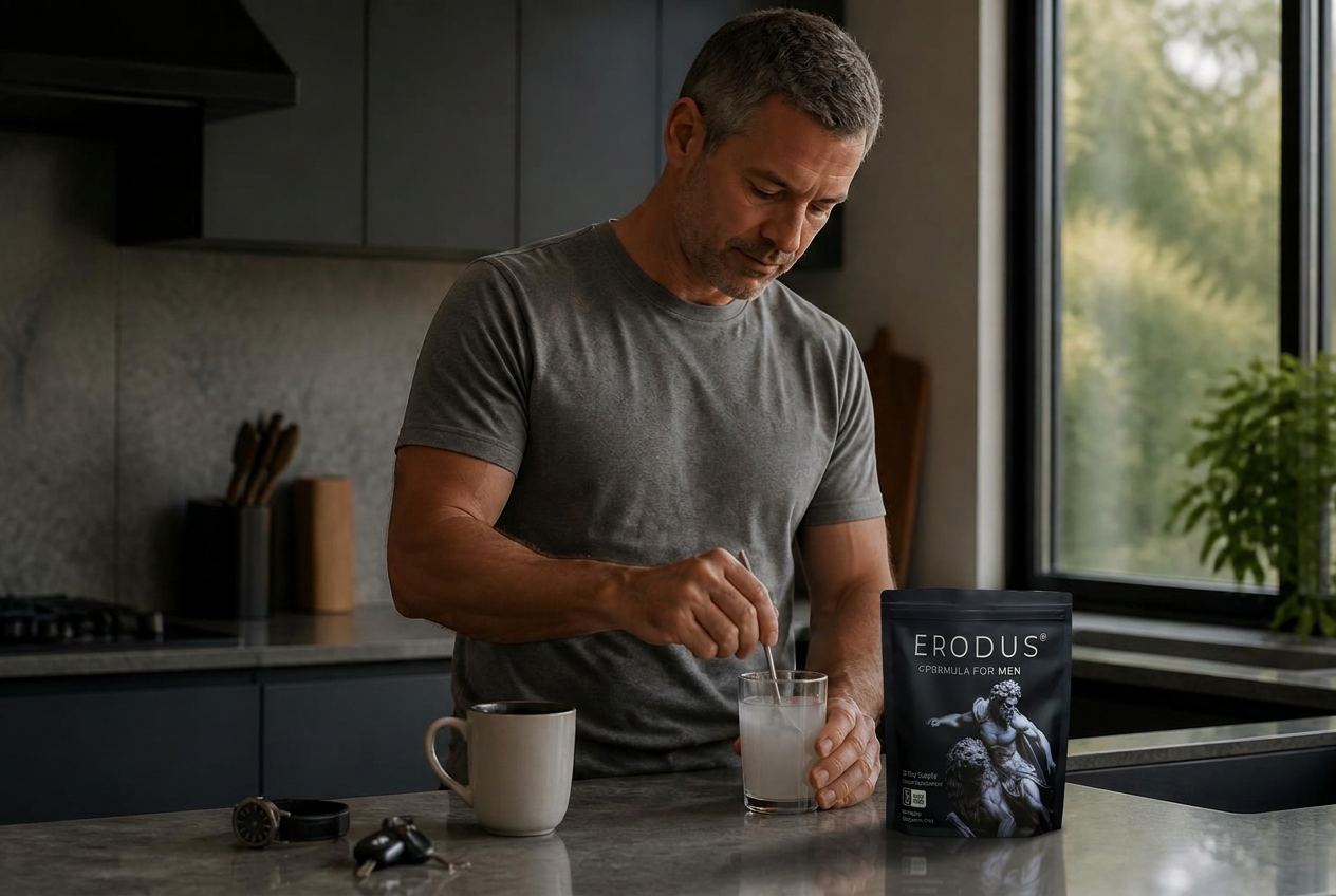 Man in his early fifties stirring a powdered supplement drink into a glass of water in a modern kitchen in morning light